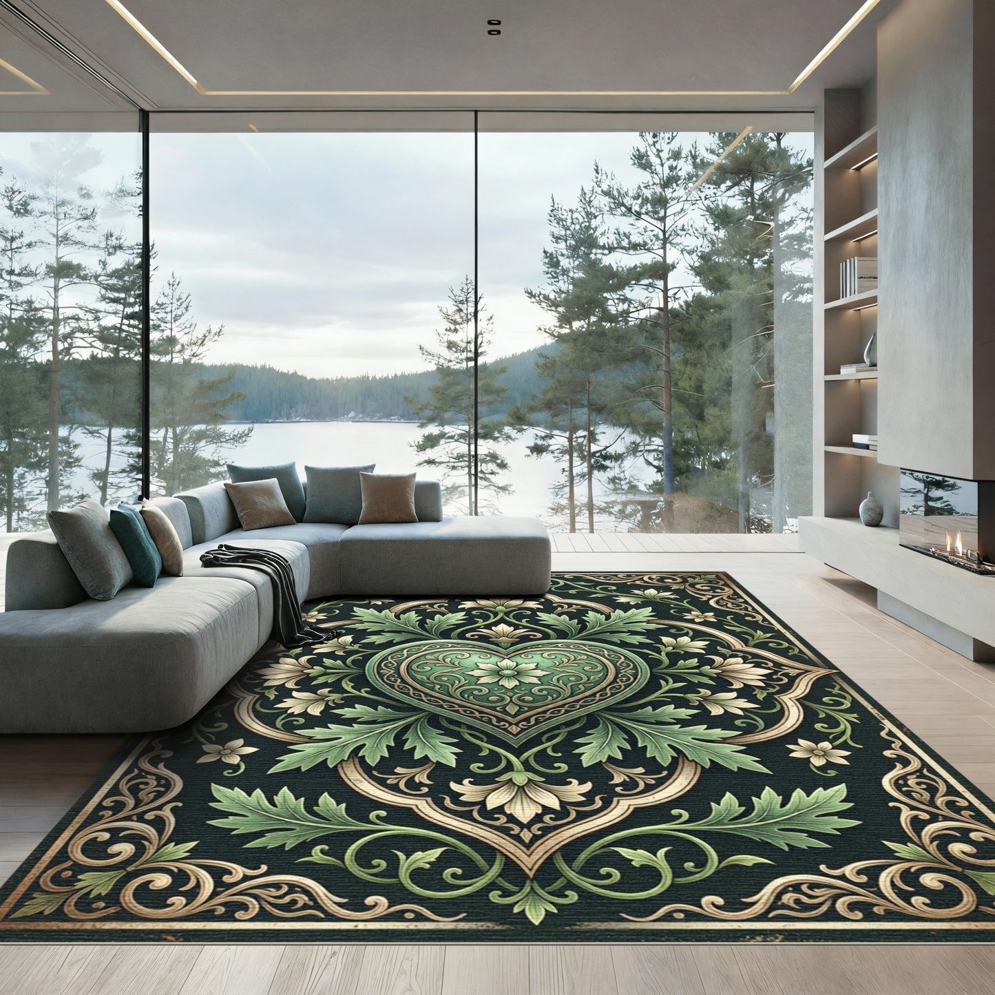 Emerald Heart Floral Scrollwork Rug