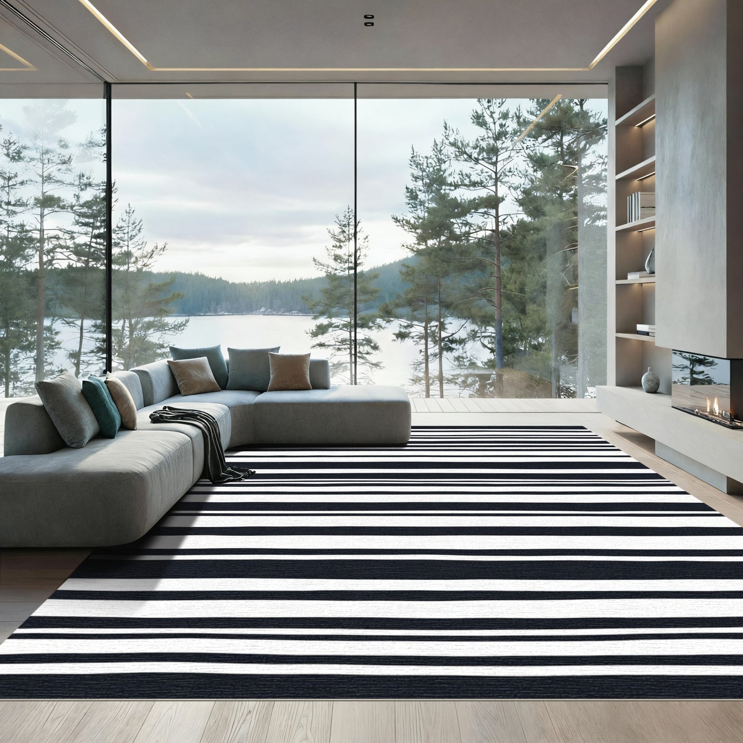 Bold Black White Uneven Stripe Rug