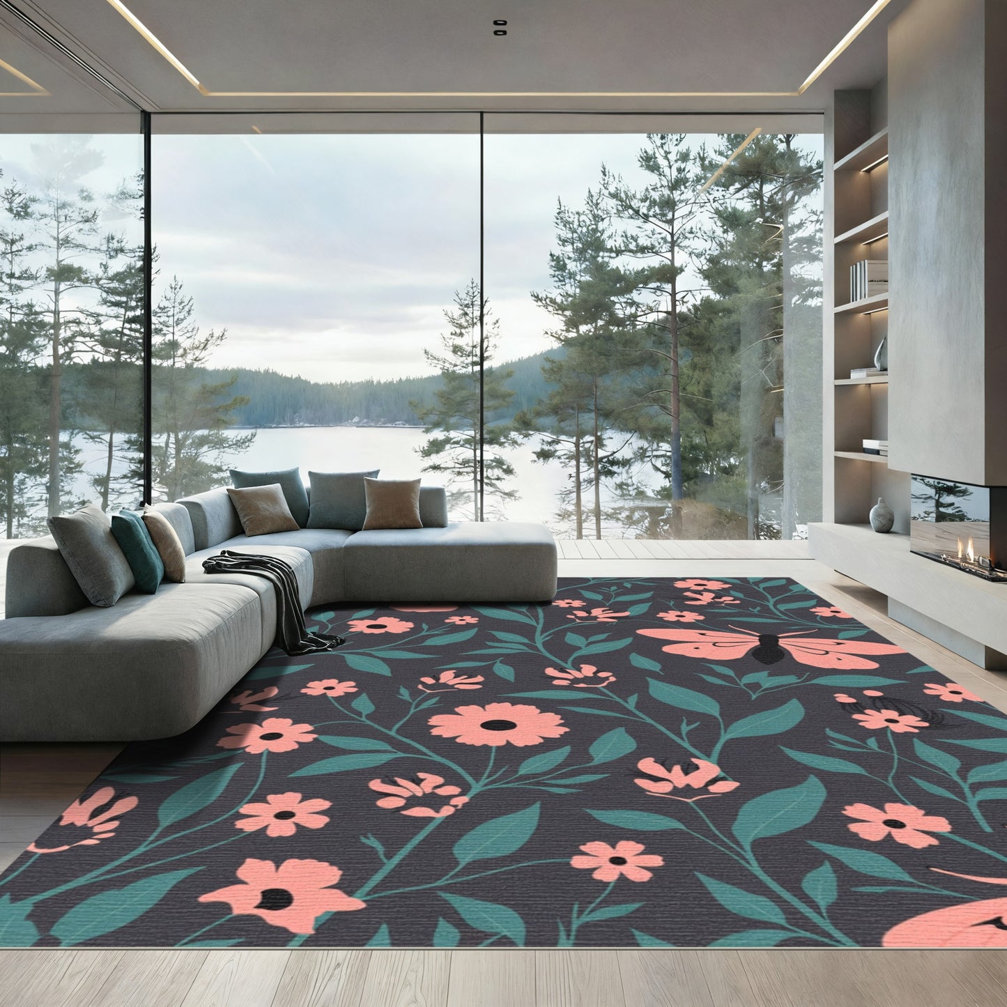Coral Butterfly Floral Vines Rug