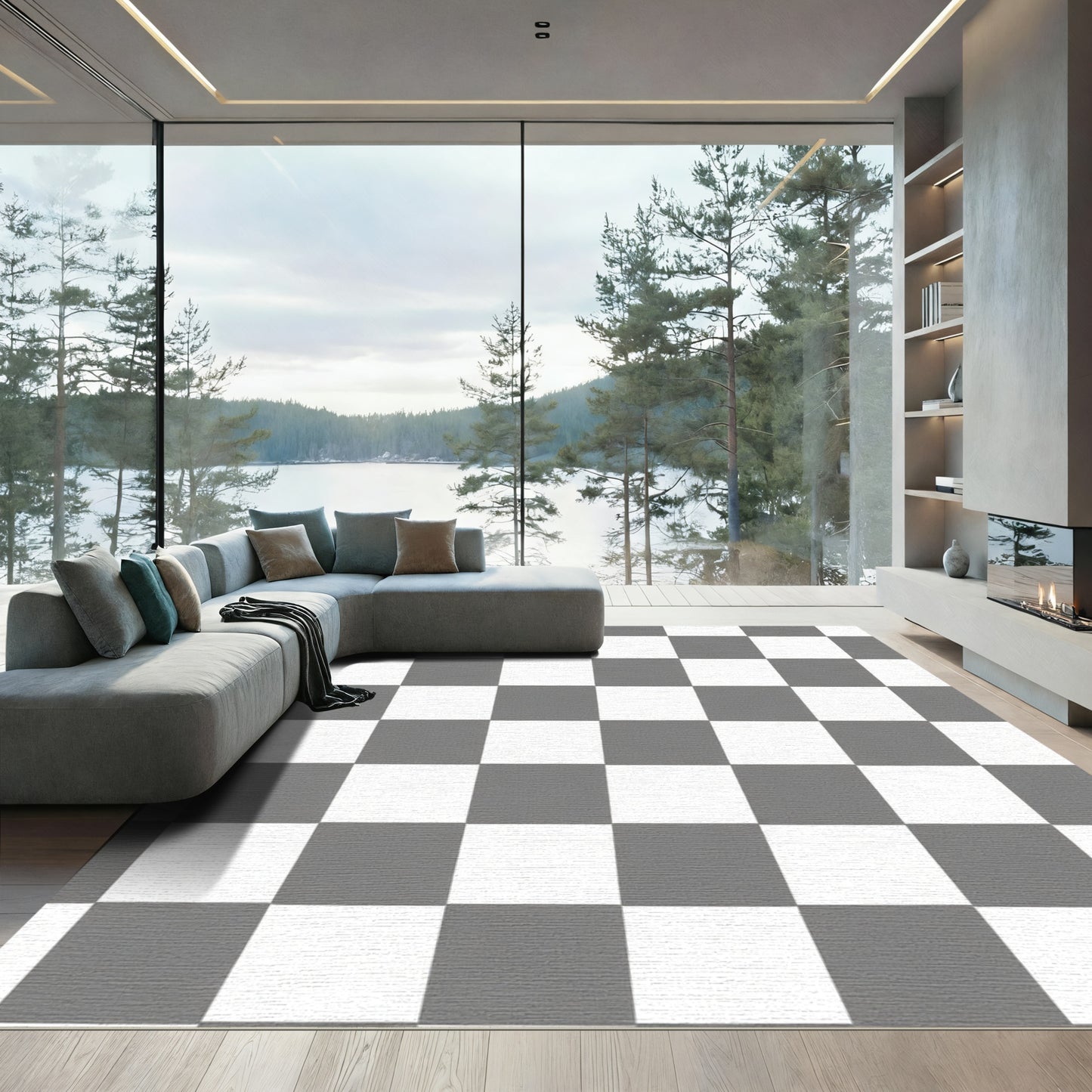 Classic Gray White Checkered Square Rug