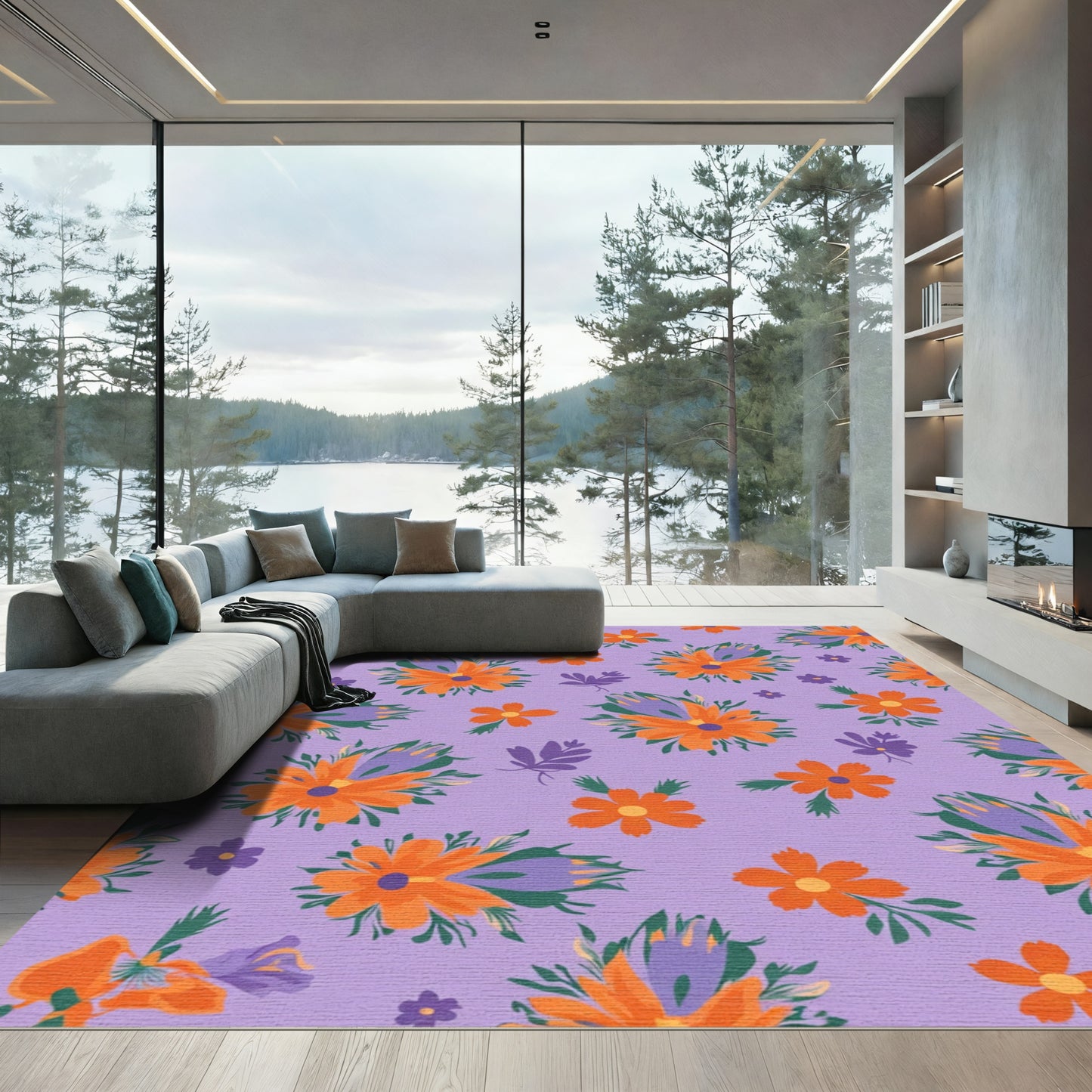 Whimsical Orange Purple Floral Meadow Rug