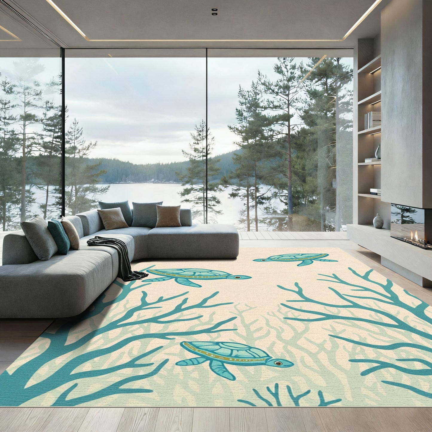 Blue Sea Turtles Underwater Coral Rug