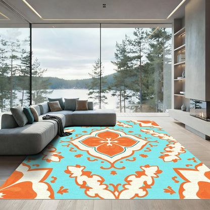 Orange Aqua Medallion Damask Rug