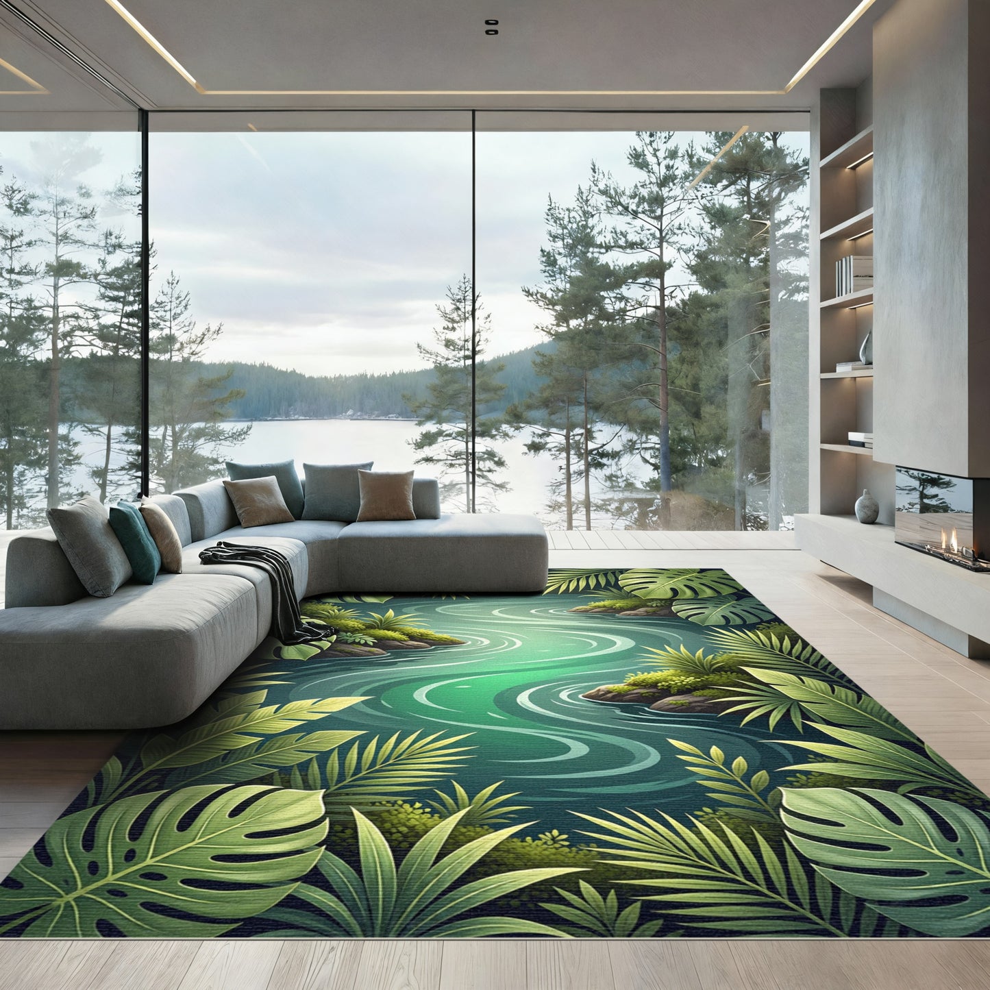 Lush Green Tropical Foliage River Rug