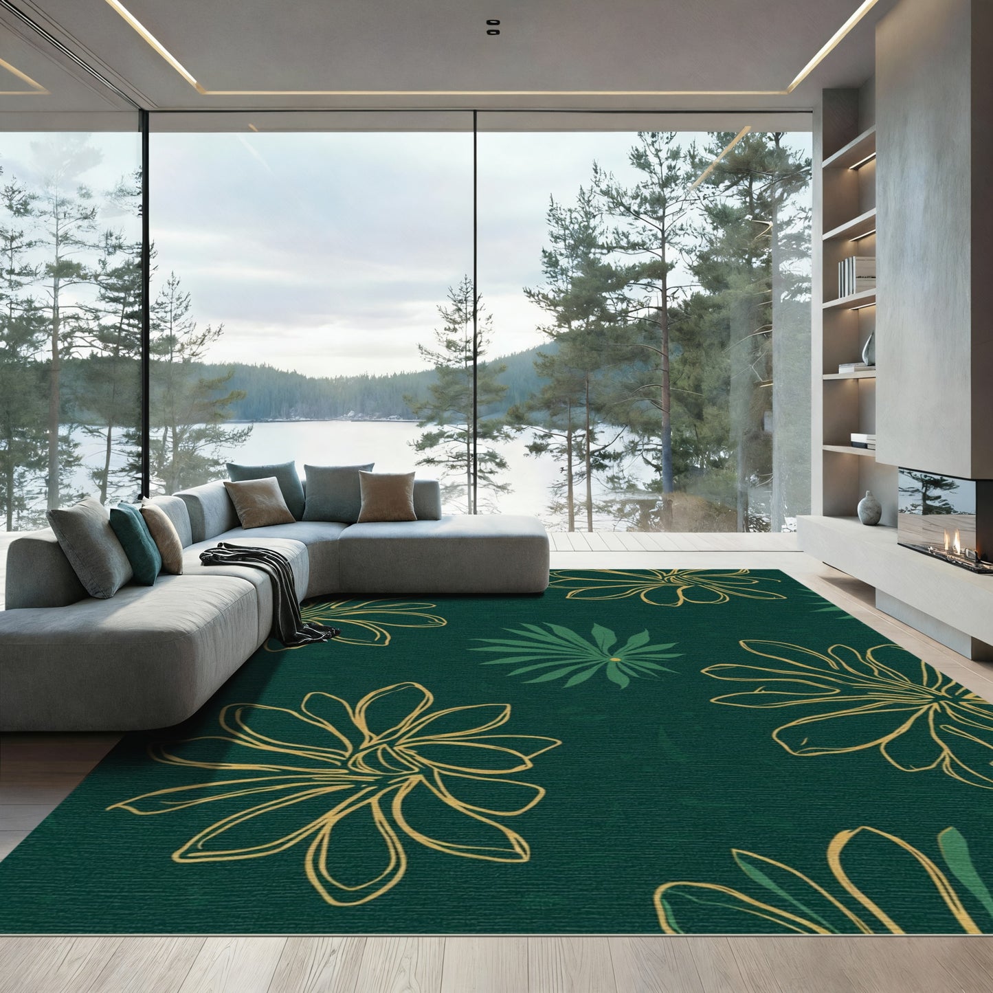 Deep Green Floral Outline Rug