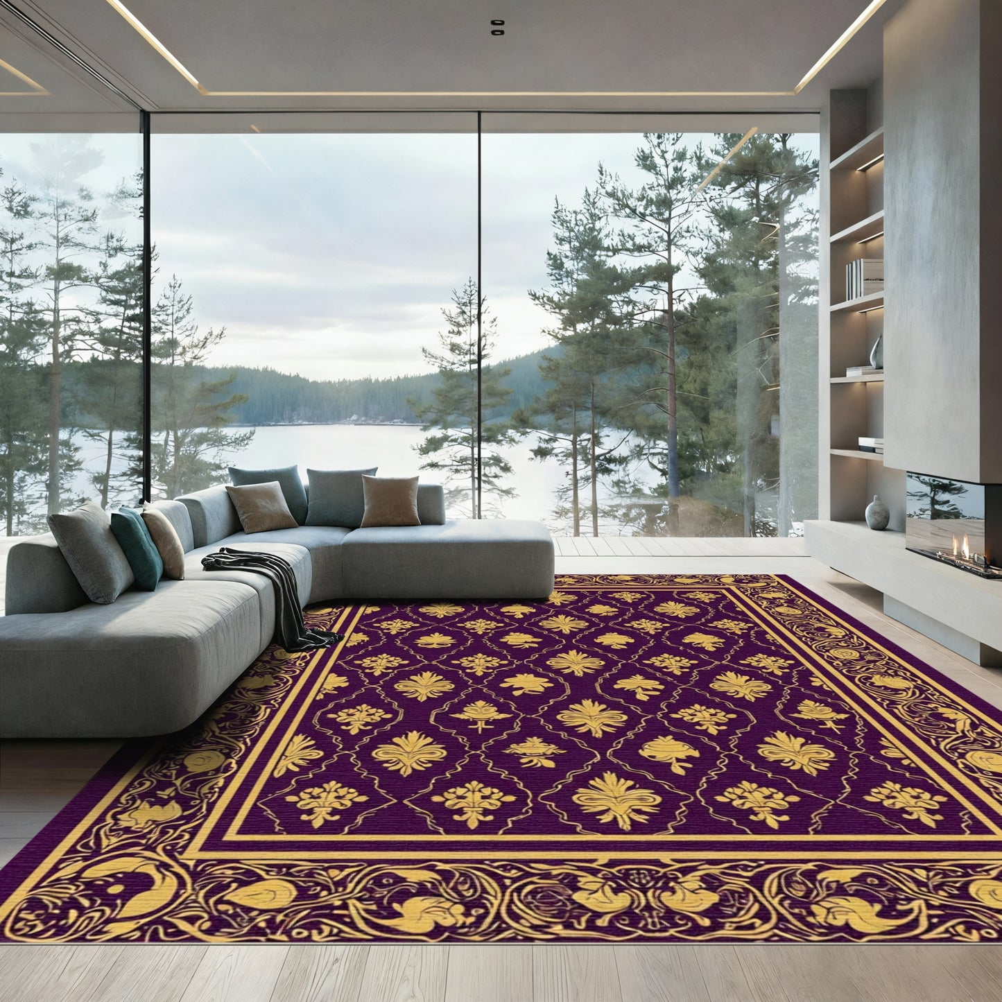 Regal Plum Gold Damask Border Rug
