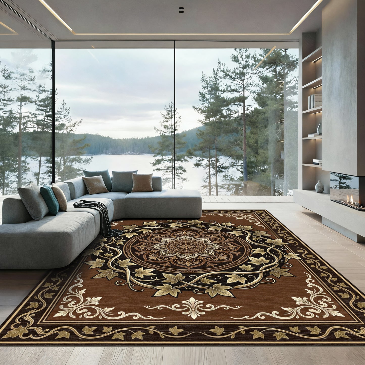 Earthy Brown Ivy Leaf Medallion Rug