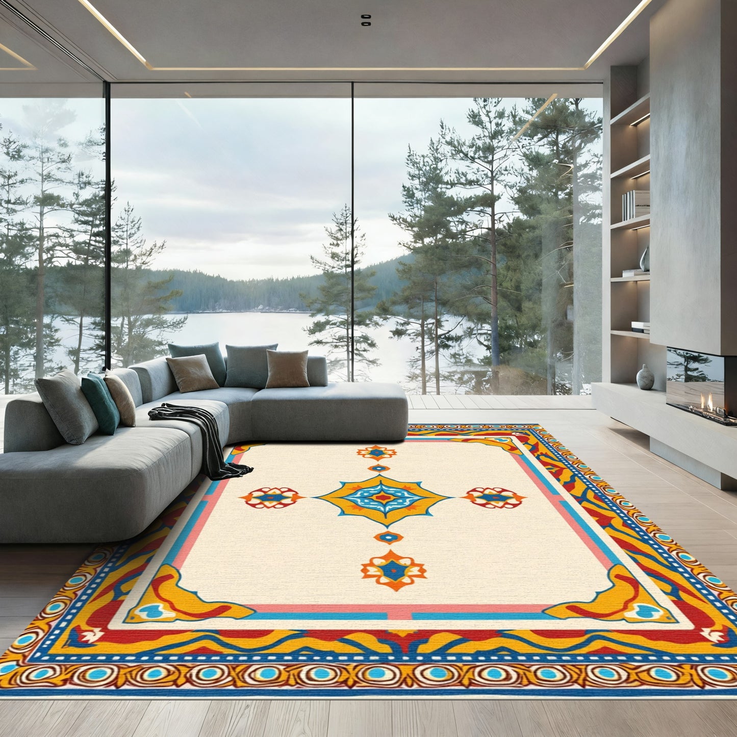 Rich Crimson Yellow Floral Medallion Rug