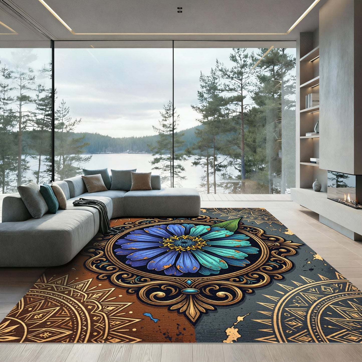 Blue Zinnia Floral Ornate Filigree Rug