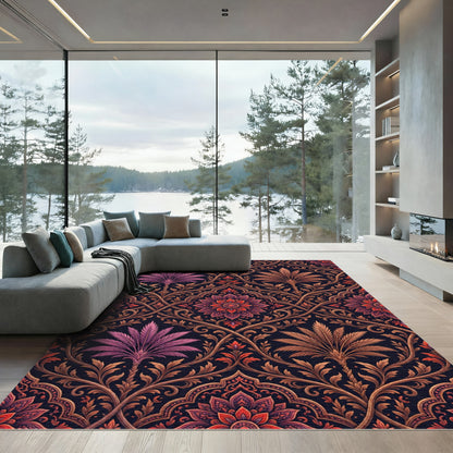 Ornate Crimson Palm Medallion Damask Rug