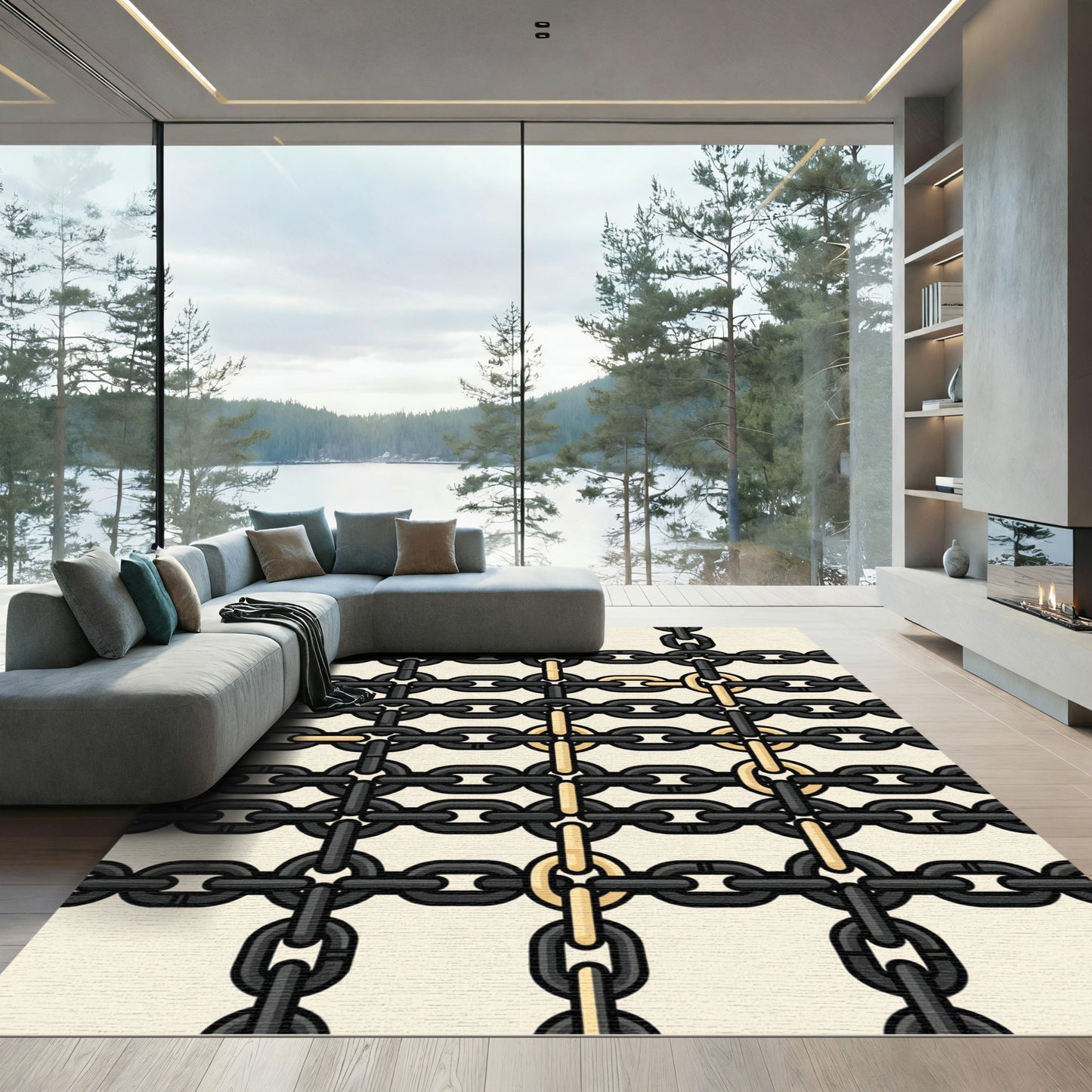 Modern Black and Gold Linked Chain Rug