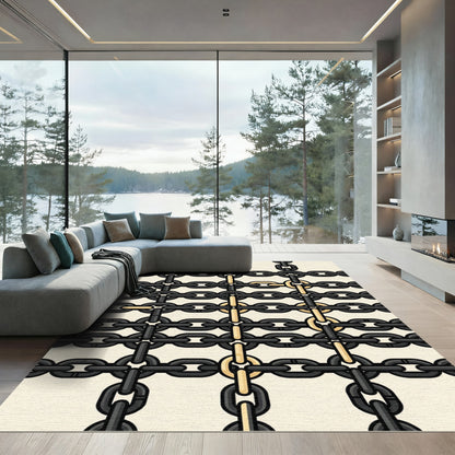 Modern Black and Gold Linked Chain Rug
