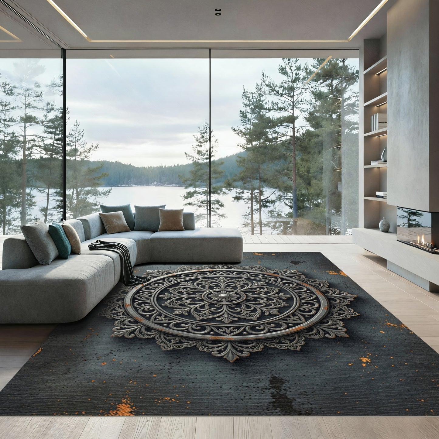 Silver Ornate Floral Mandala Rug