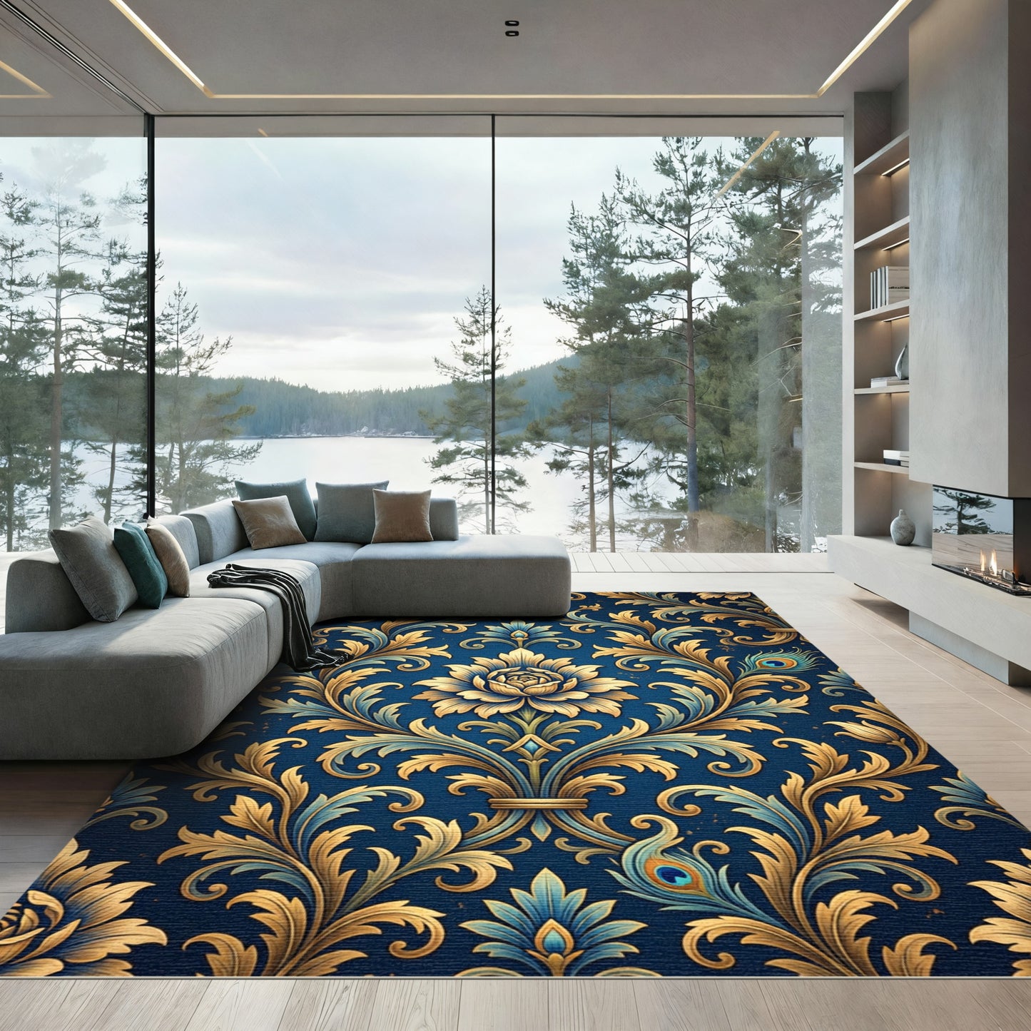 Elegant Golden Peacock Damask Navy Rug