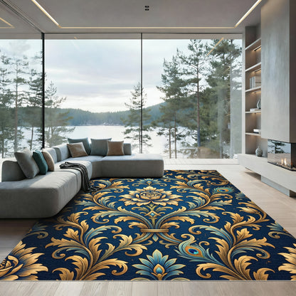 Elegant Golden Peacock Damask Navy Rug