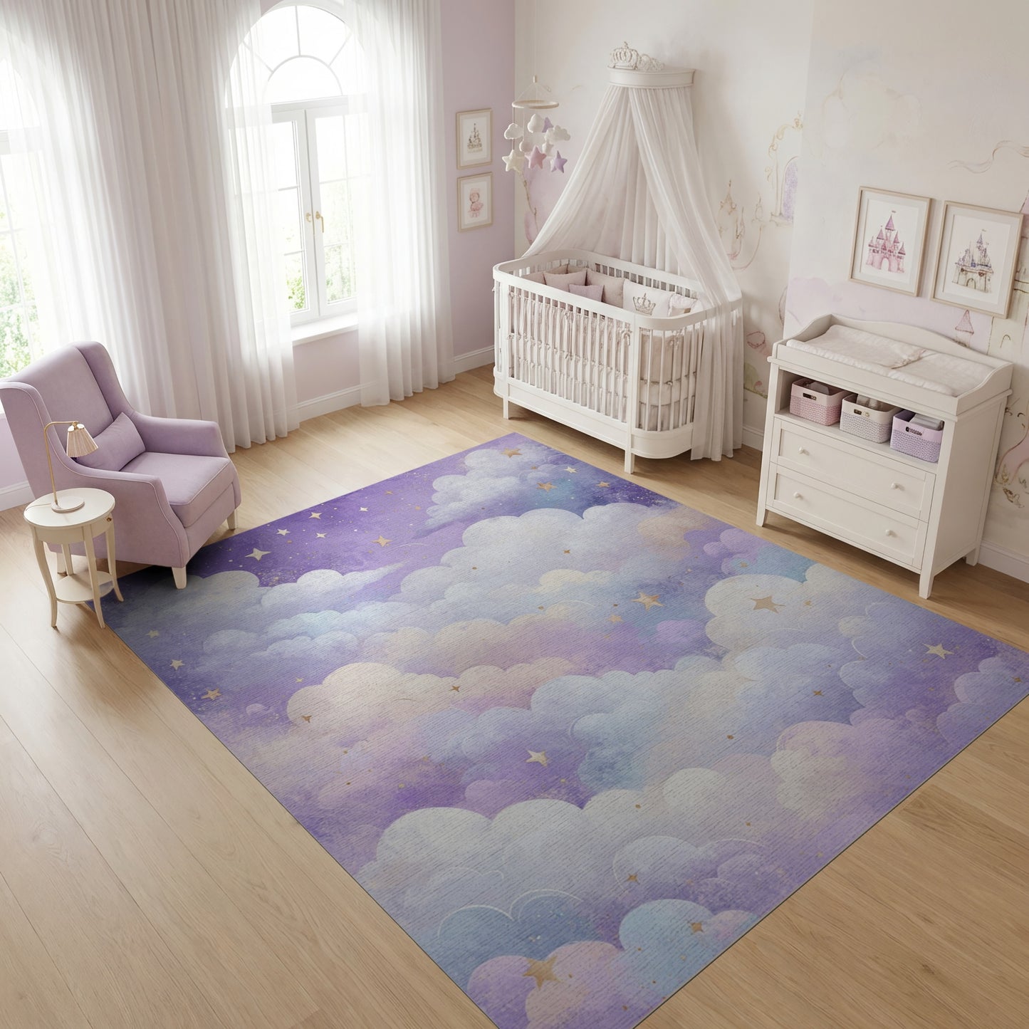 Dreamy Purple Clouds Golden Stars Rug