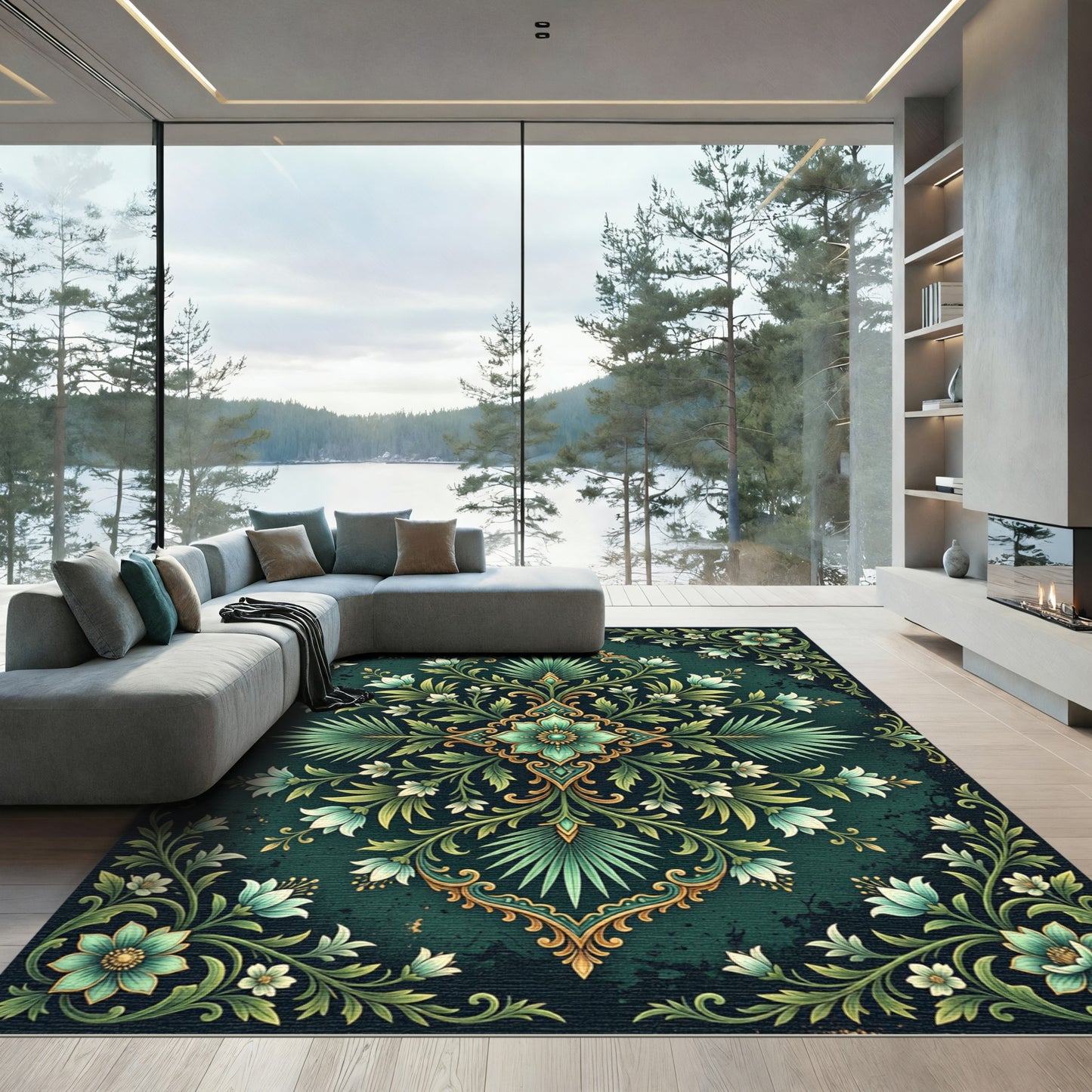 Emerald Green Floral Scrollwork Medallion Rug