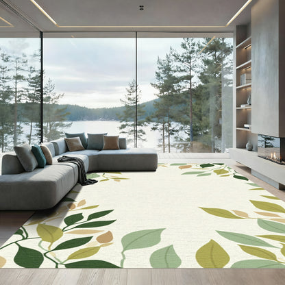 Earthy Green Leafy Vine Border Rug