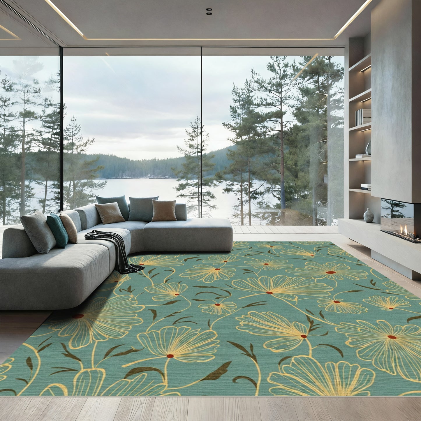 Teal Golden Outline Floral Serenity Rug