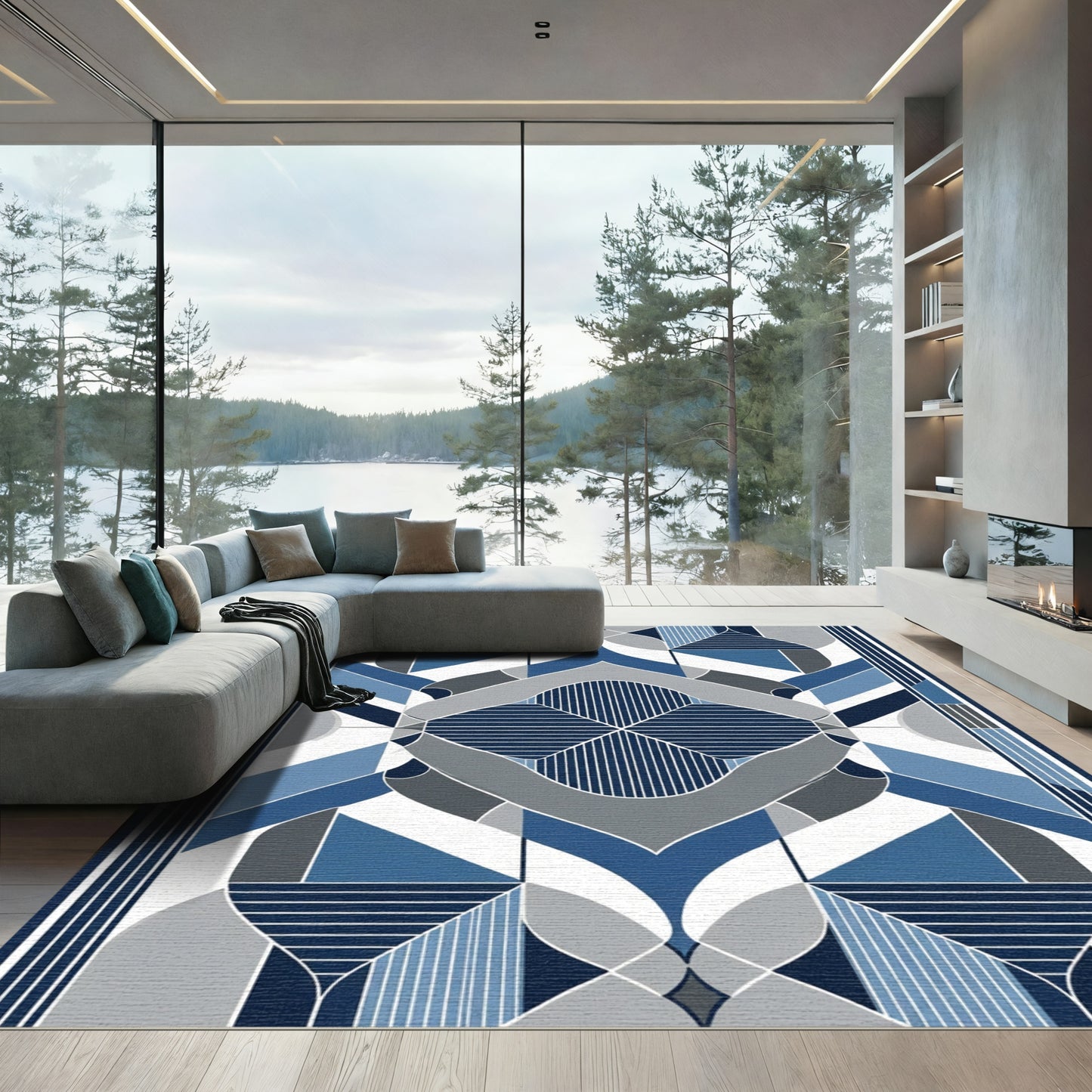 Modern Geometric Blue Gray Abstract Rug