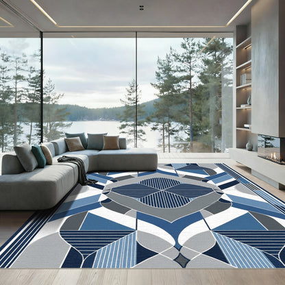 Modern Geometric Blue Gray Abstract Rug