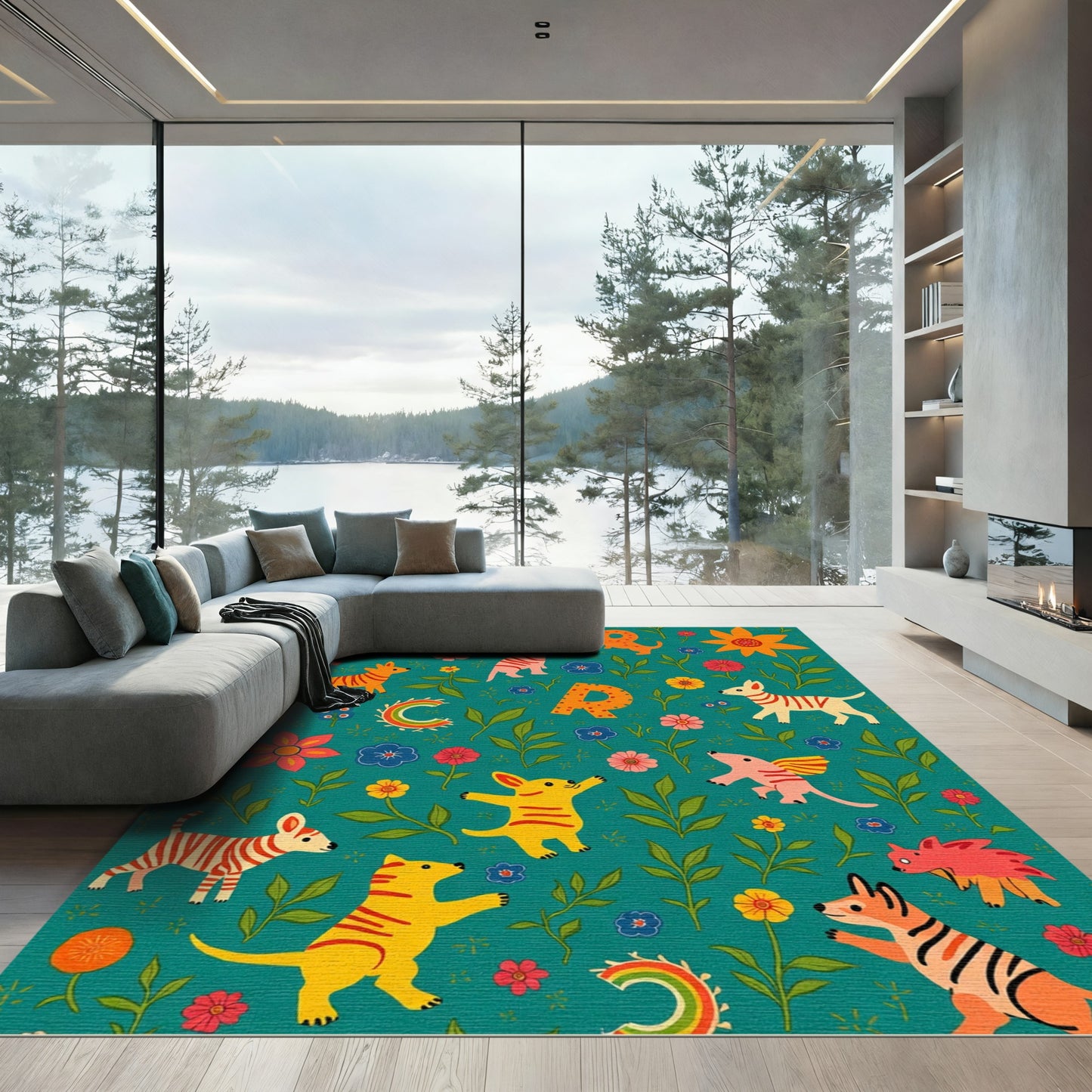 Whimsical Teal Animal and Floral Collage Rug