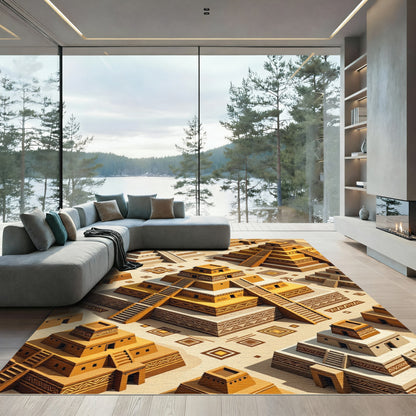 Golden Ziggurat Terracotta Geometric Step Rug