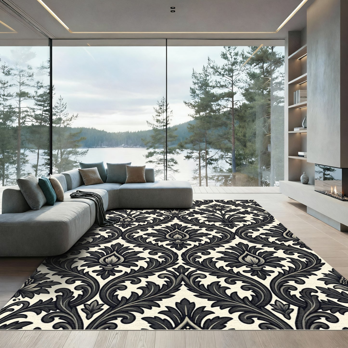 Classic Black White Acanthus Scroll Rug