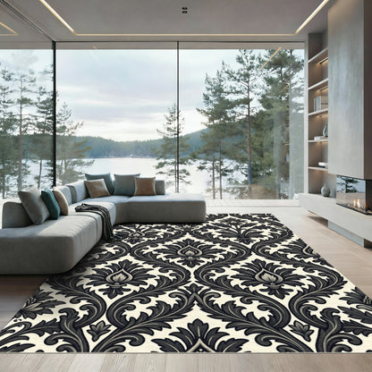 Classic Black White Acanthus Scroll Rug