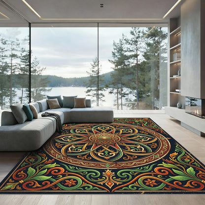 Ornate Golden Floral Mandalas with Verdant Vines Rug