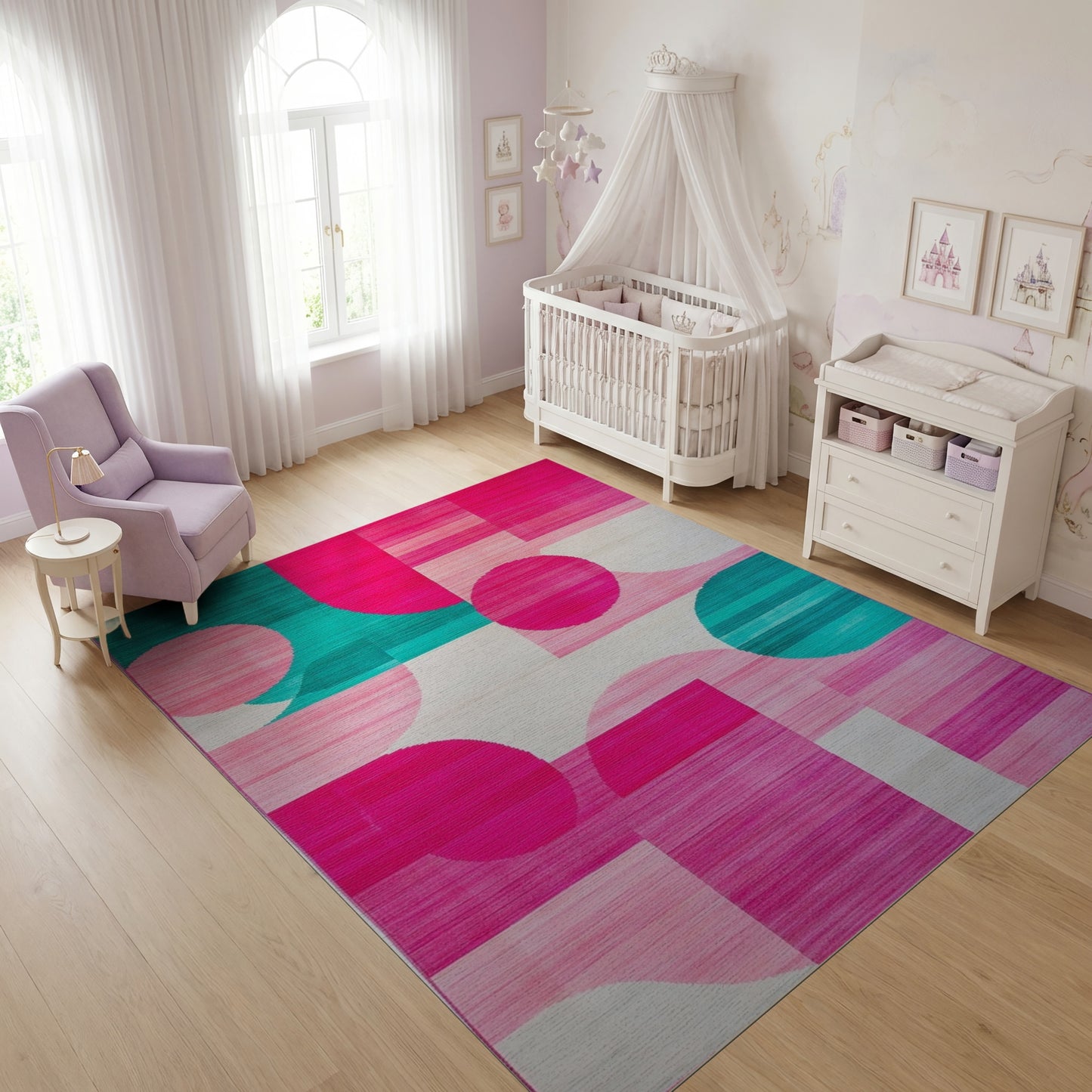 Playful Teal Pink Overlapping Circles Rug