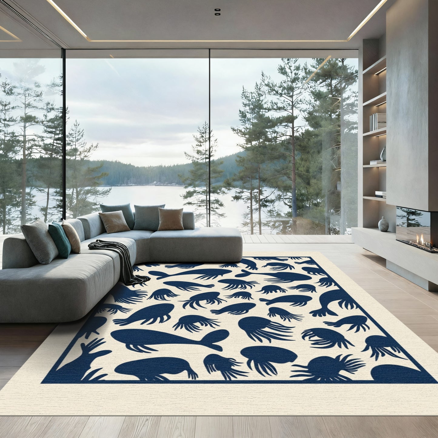 Deep Blue Aquatic Silhouette Collection Rug