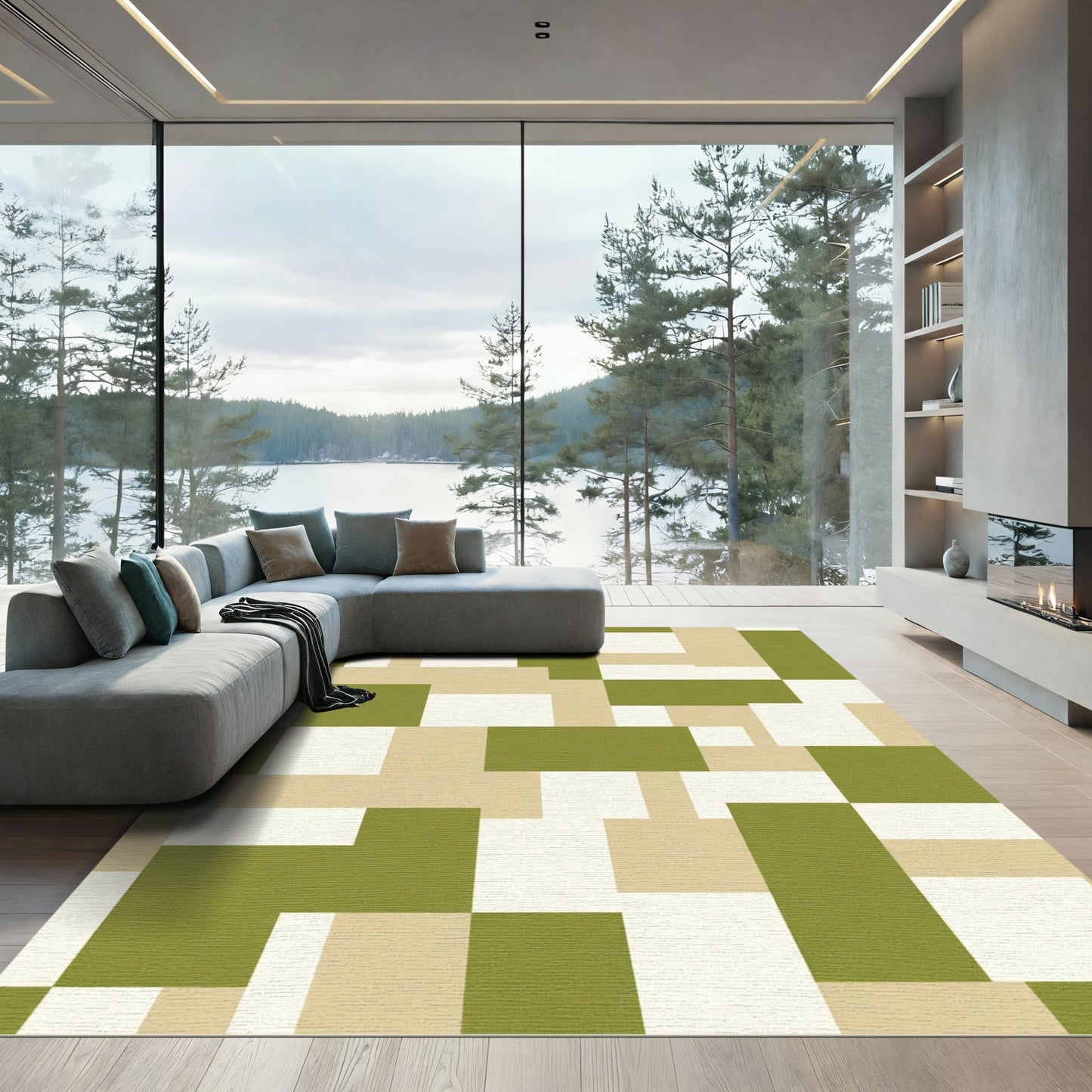 Abstract Green Tan Geometric Shapes Rug