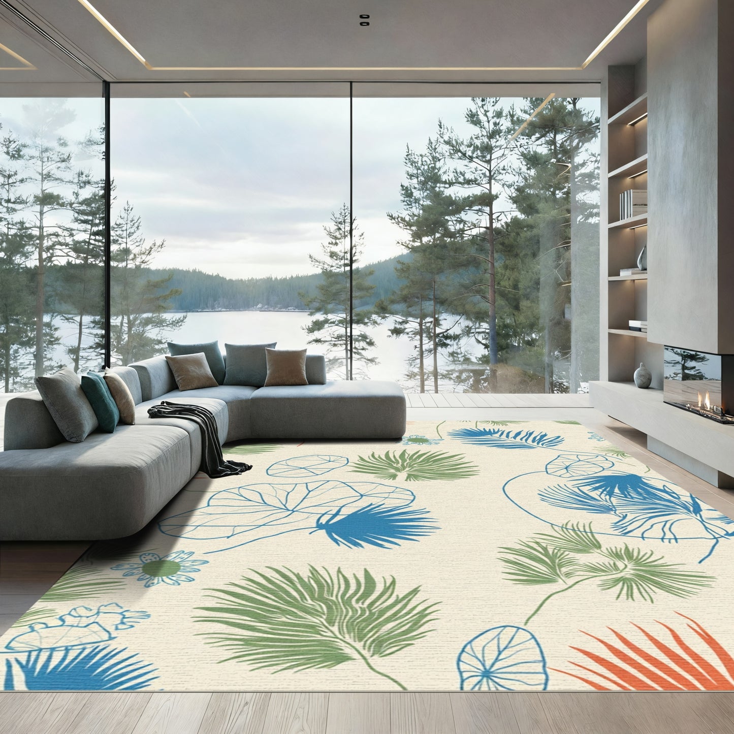 Tropical Fern Leaf Botanical Arrangement Rug