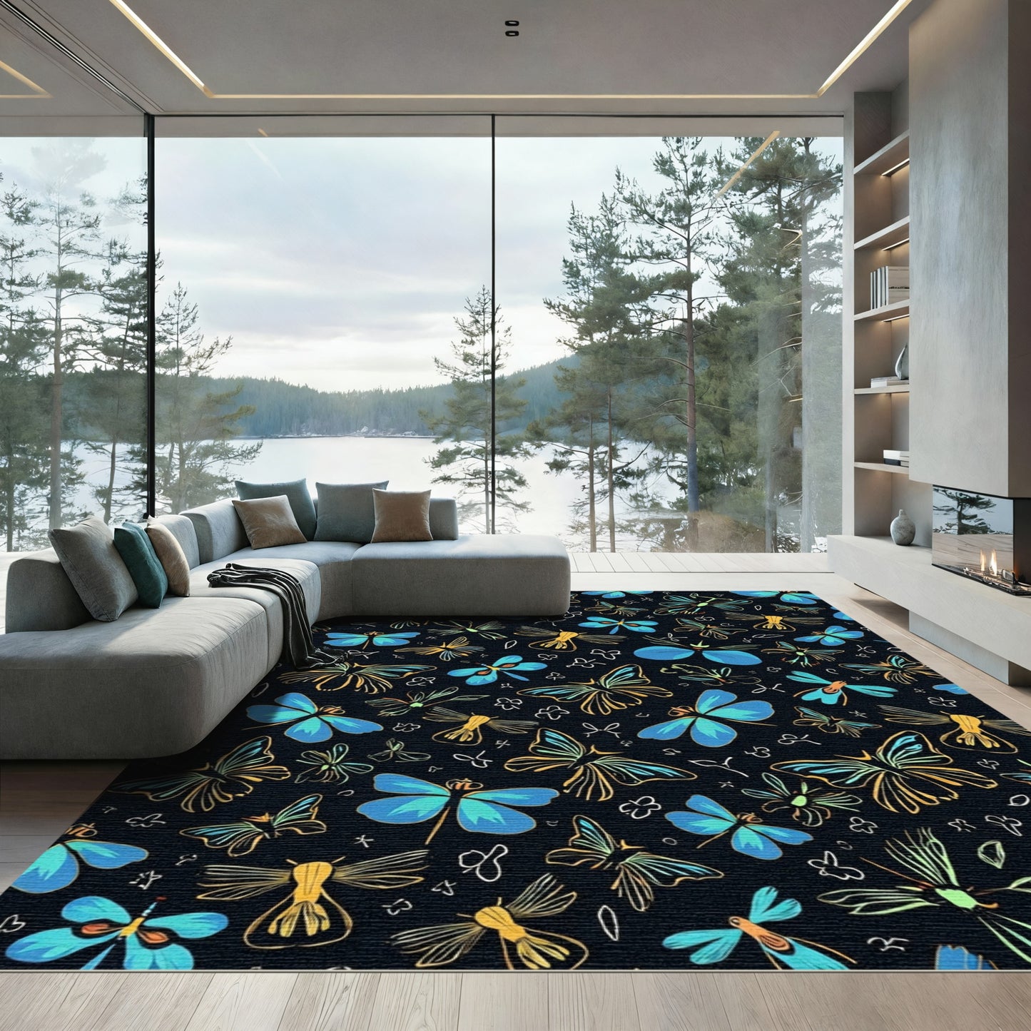 Whimsical Blue Yellow Insect Garden Rug