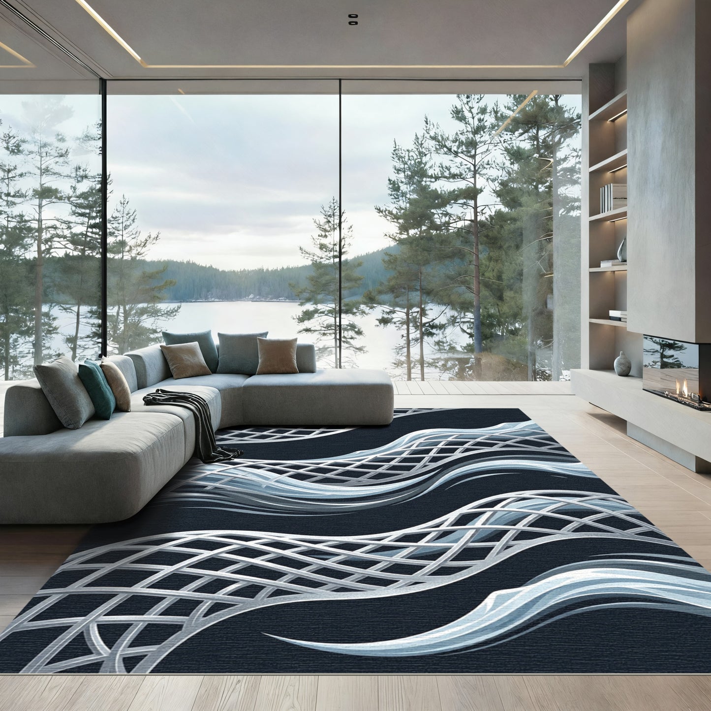 Modern Silver Metal Mesh Wave Rug