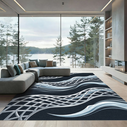 Modern Silver Metal Mesh Wave Rug