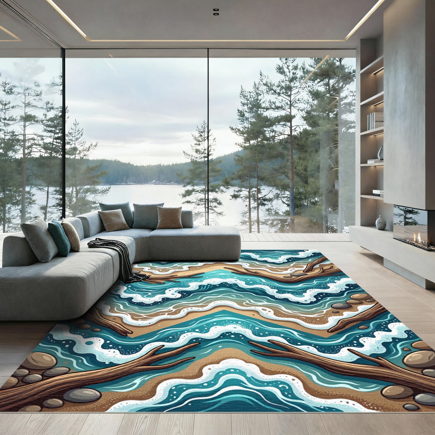 Blue Coastal Wave Driftwood Shore Rug