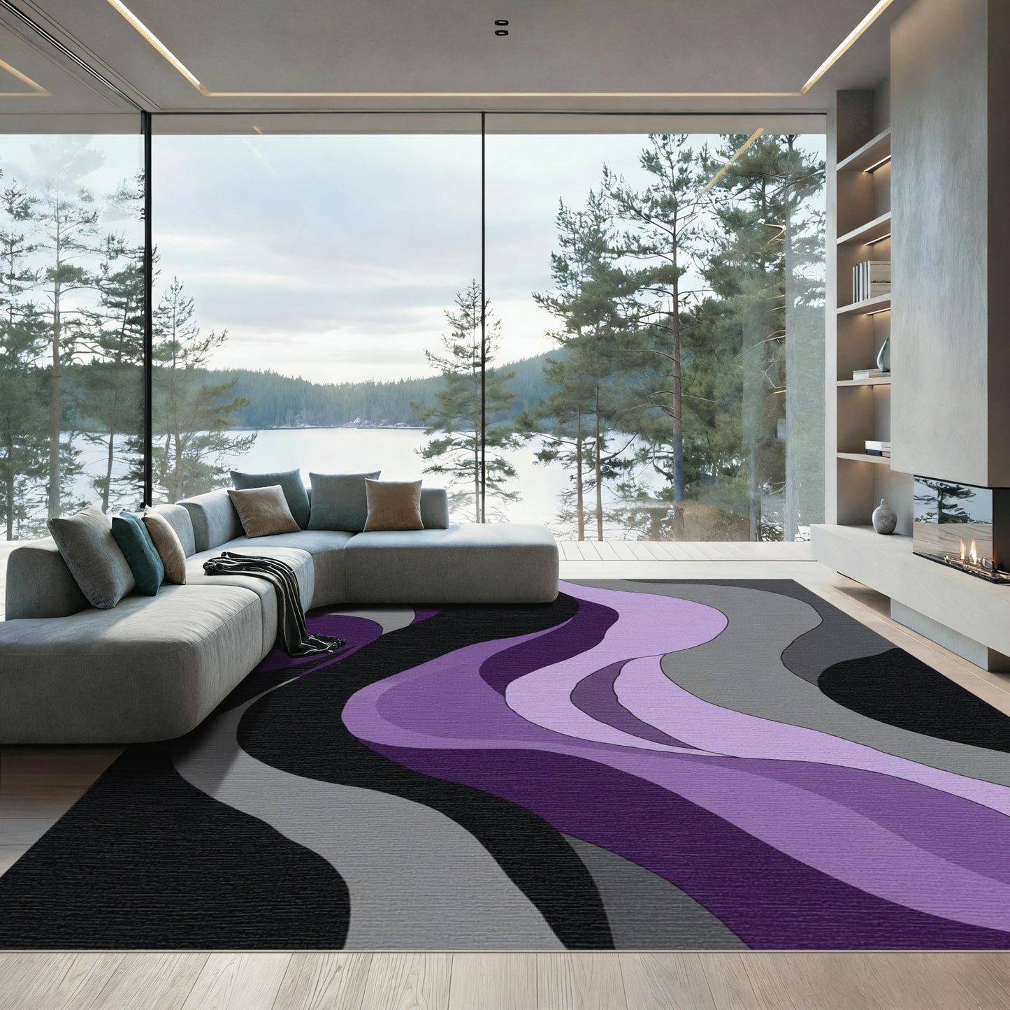 Abstract Lilac and Gray Flowing Waves Rug
