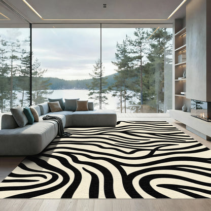 Cream And Black Abstract Zebra Stripes Rug