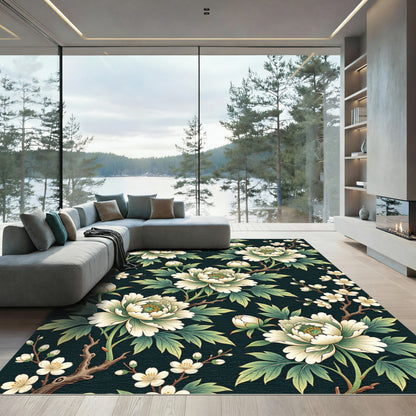 Elegant White Peony Blossom Botanical Art Rug