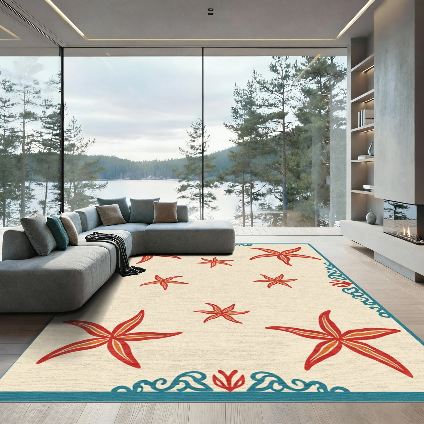 Red Orange Starfish Cream Border Rug
