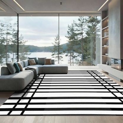 Chic Black White Grid Stripes Rug