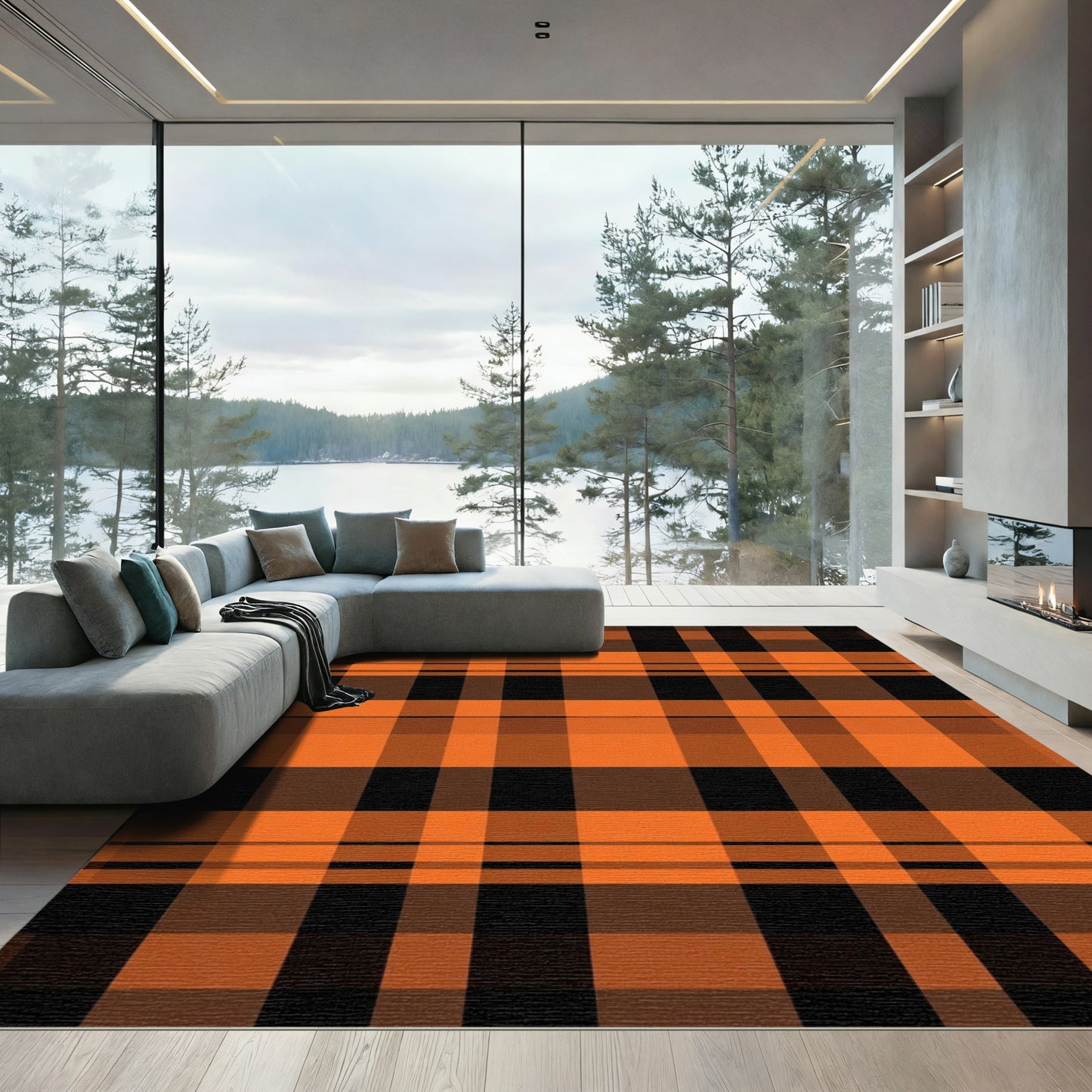 Rustic Orange Black Plaid Checkered Rug