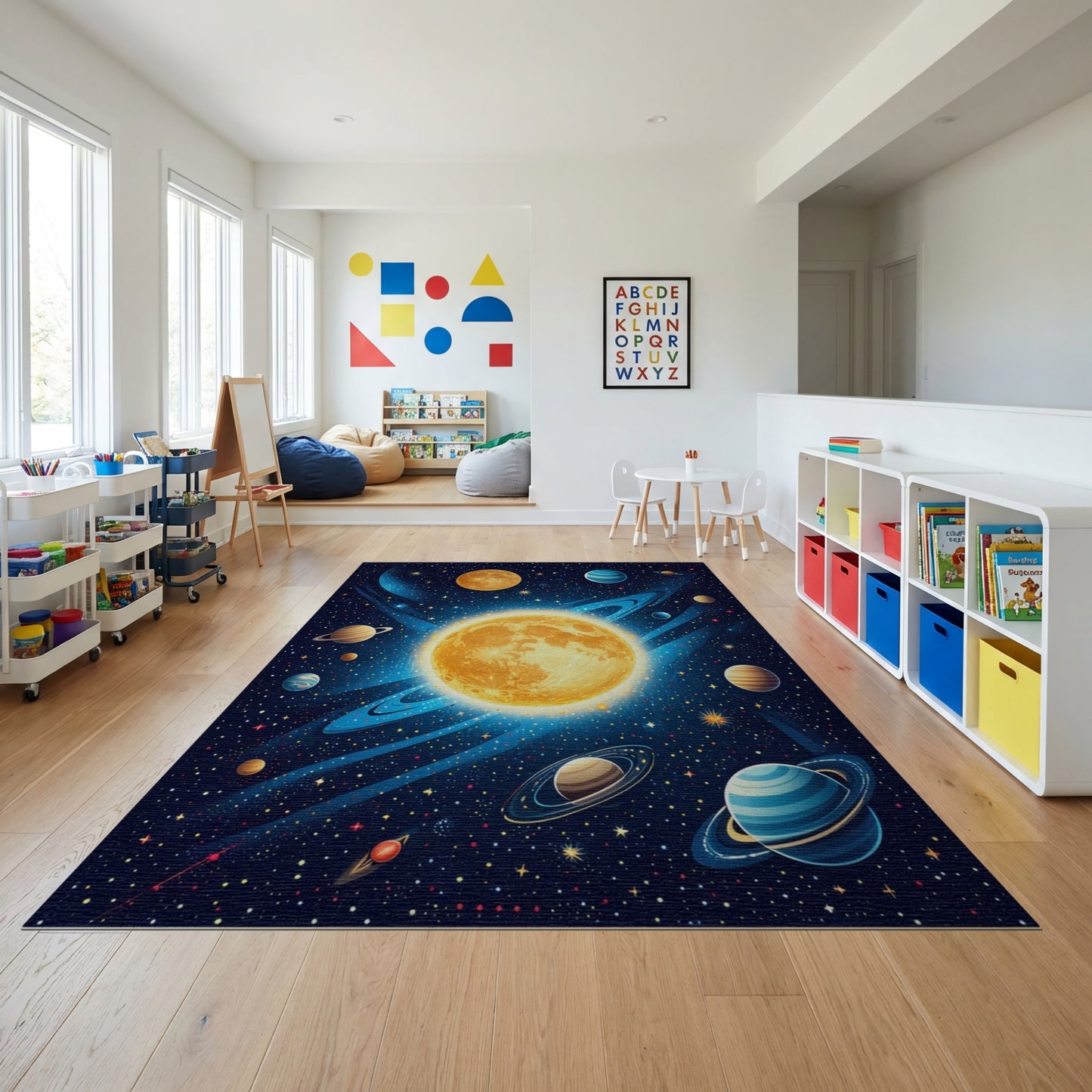 Vibrant Golden Cosmic Planets Stars Rug