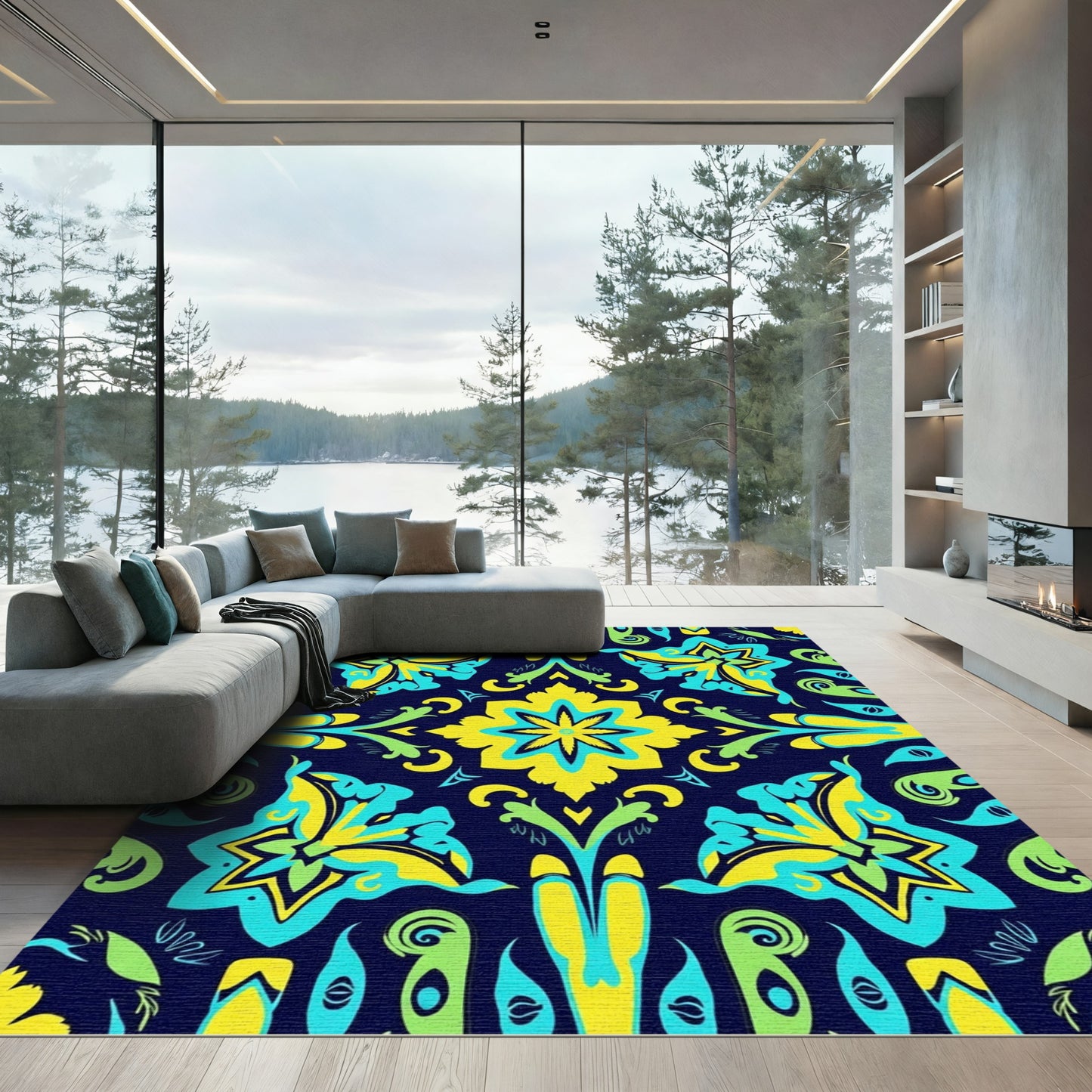 Bold Yellow Teal Blossom Symmetry Rug