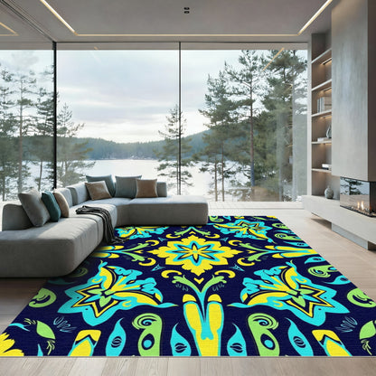 Bold Yellow Teal Blossom Symmetry Rug