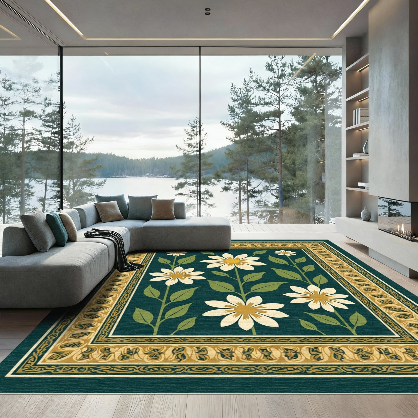 Emerald Green Floral Garden with Border Rug
