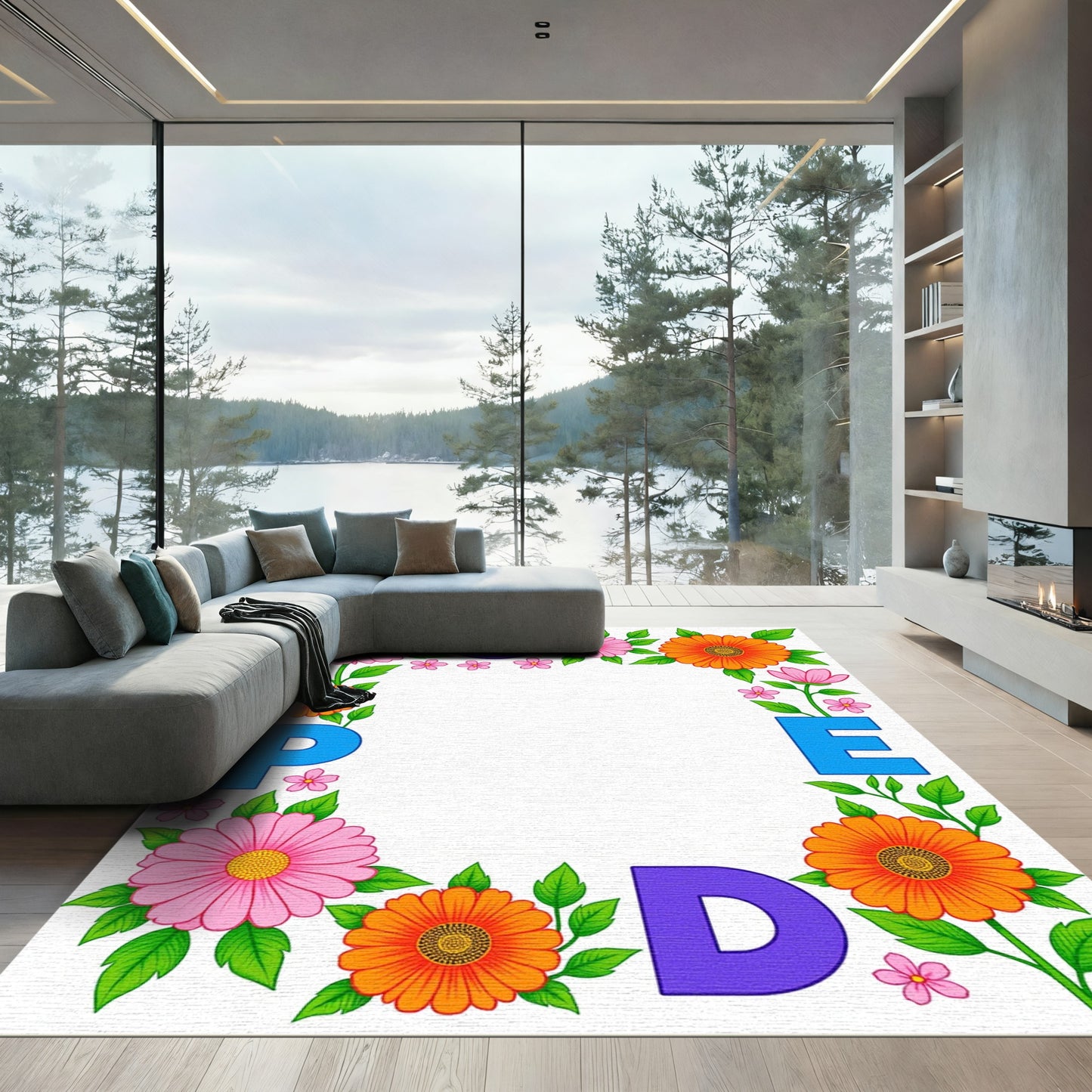 Colorful Floral Alphabet Border Rug