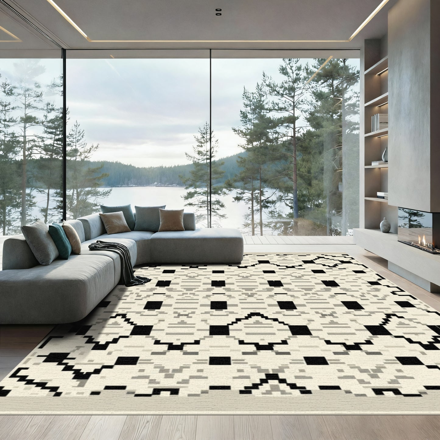 Geometric Black and Cream Trellis Rug